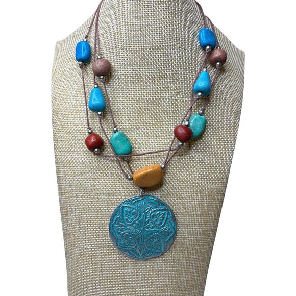 Y2K BOHO Necklace Three stands with bead and large Tin Pendant - Picture 1 of 5